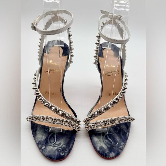 Christian Louboutin Mafaldina Spikes Denim & Leather 100 Heels Sandals EU 37 US7 - Picture 3 of 12